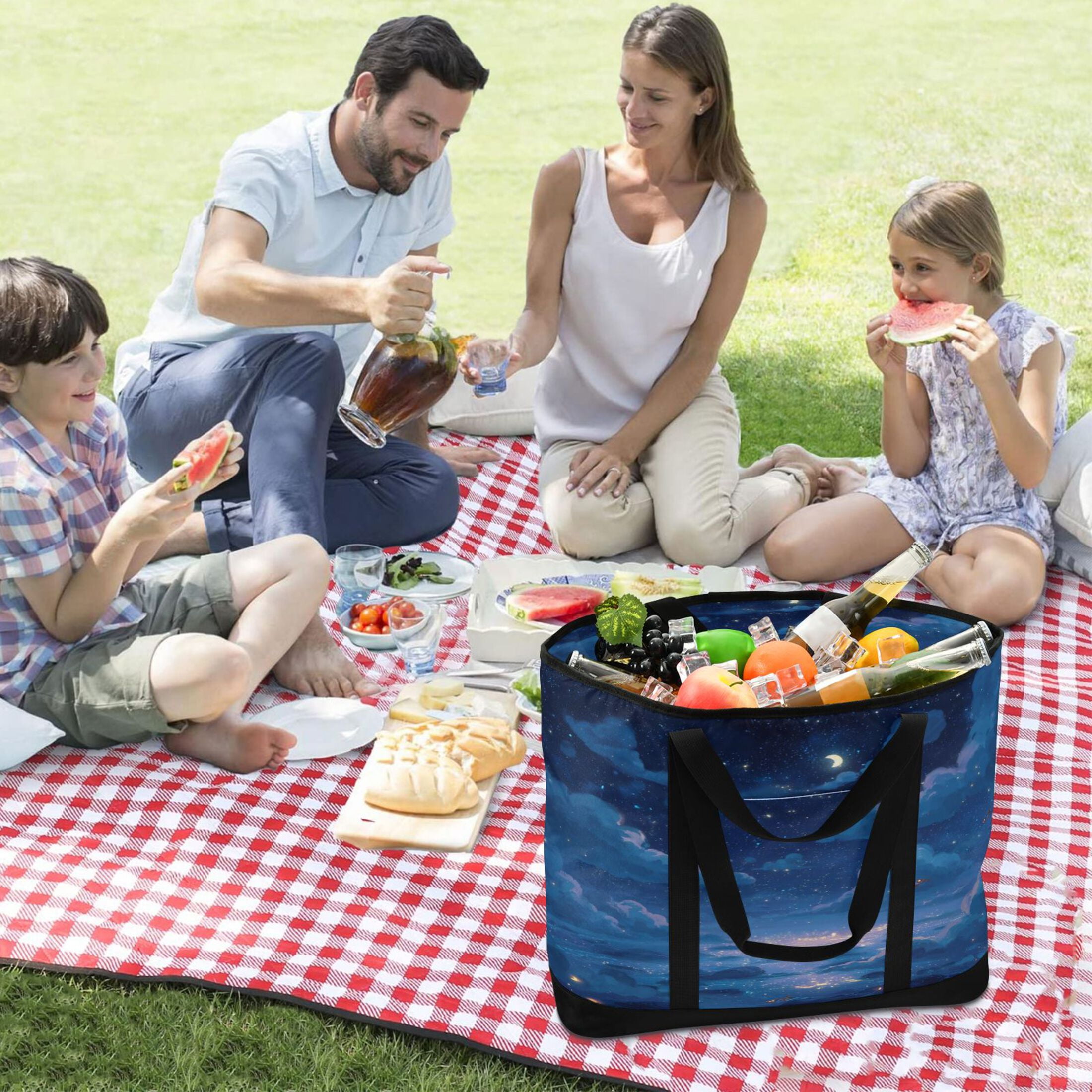 Large Hand-held Ice Pack Picnic Bag Insulation and Refrigeration Suitable for Shopping Picnics and Camping Blue Night Sky
