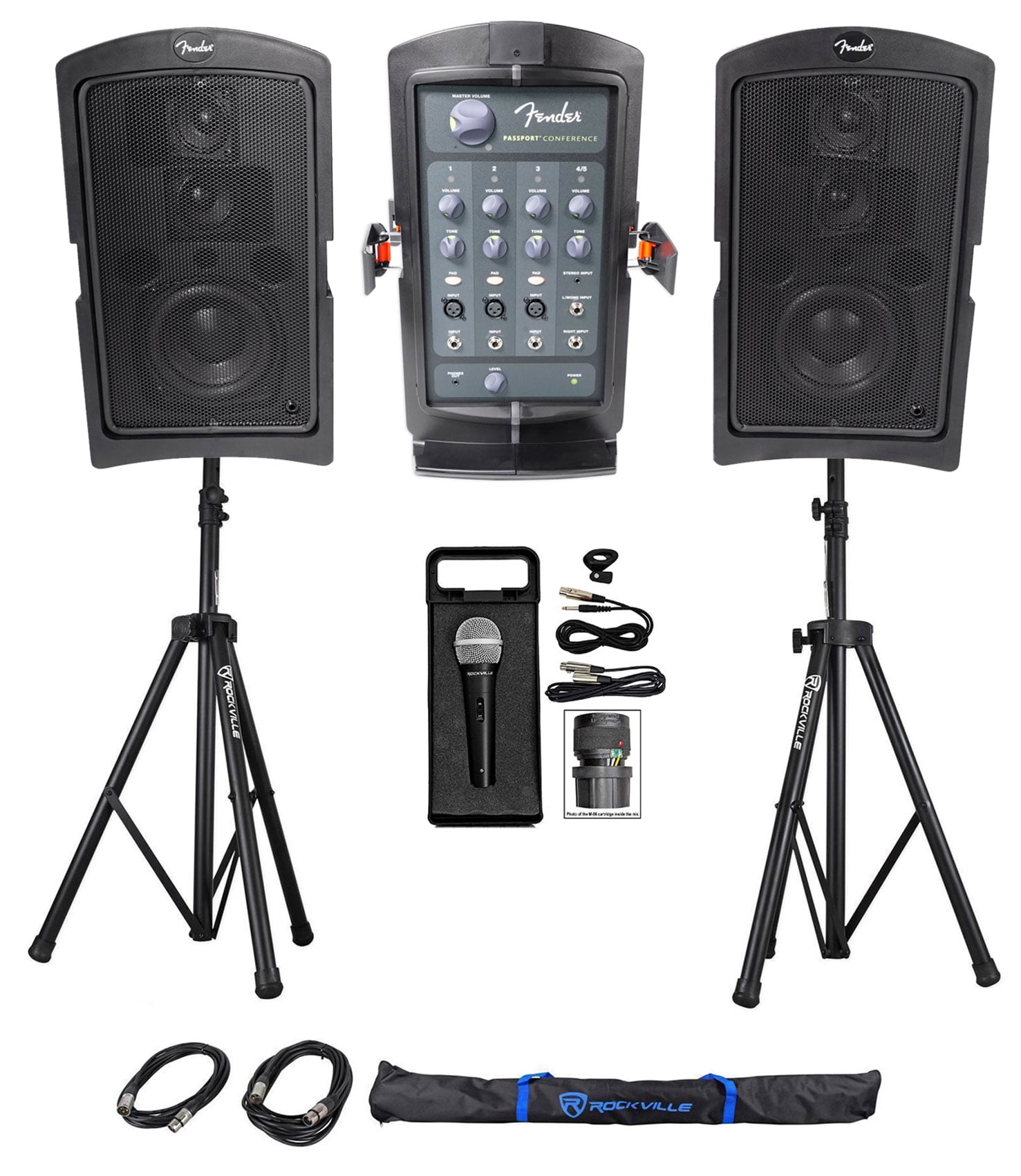 FENDER PASSPORT CONFERENCE Powered Portable 5.25" PA Speakers+Stands