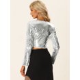 thumbnail image 3 of Top Corto con Lentejuelas para Mujer de Manga Larga con Cuello en V Blusa Corta de Color Brillante para Fiestas Plata L, 3 of 5