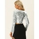 thumbnail image 3 of Top Corto con Lentejuelas para Mujer de Manga Larga con Cuello en V Blusa Corta de Color Brillante para Fiestas Plata L, 3 of 5