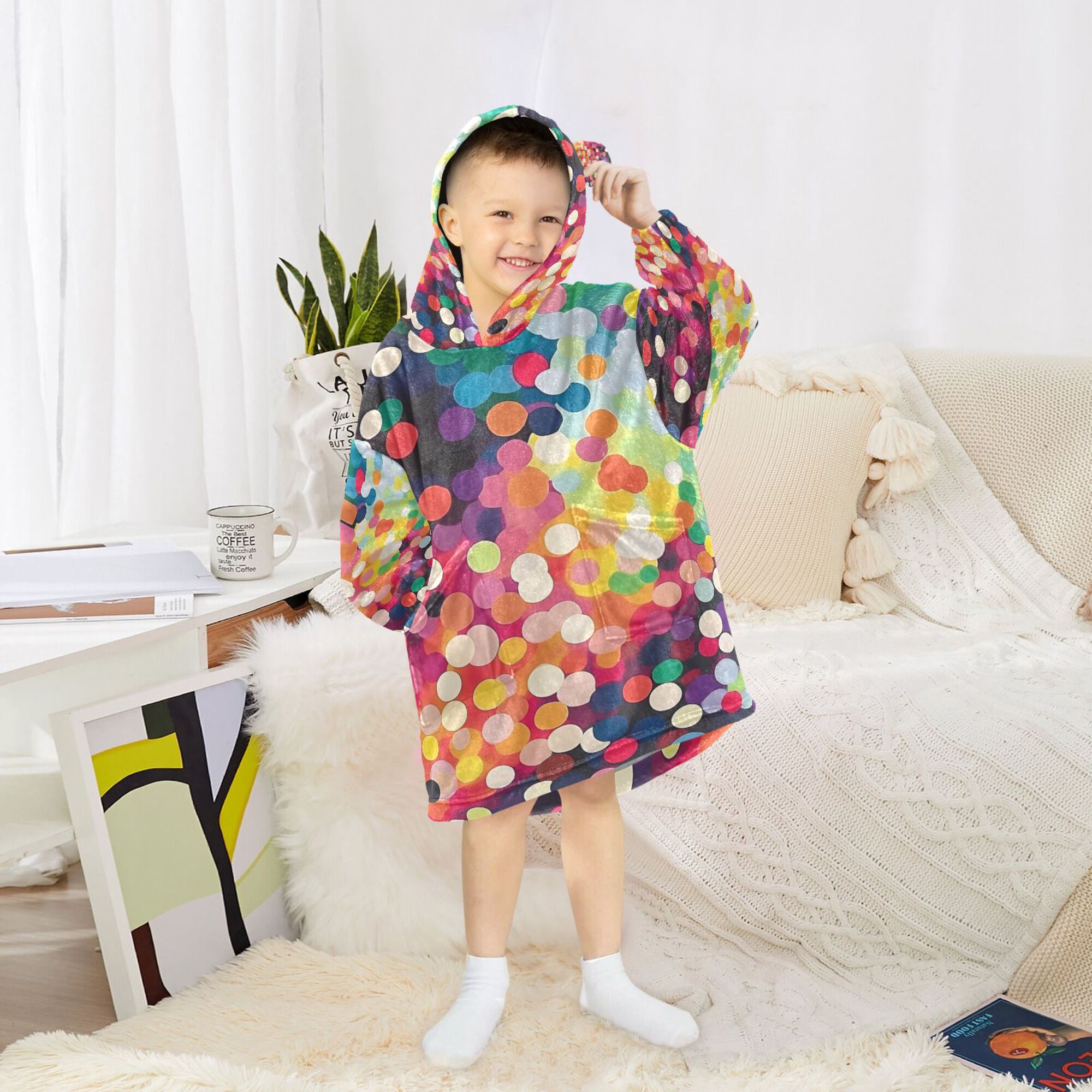 FORMRS Wearable Blanket Hoodie with Sleeves for Kids Cozy Flannel Sweatshirt, Green Colorful Circles