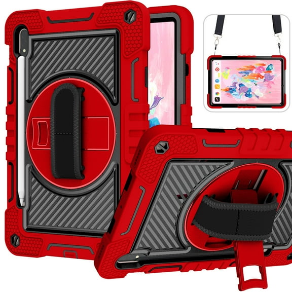 Dteck for Samsung Galaxy Tab S9/S8/S7 Case 11" 2023/2022/2020 Shockproof Protective Tab S9/S8/S7 Kids Tablet Cover with Pen Holder Rotating Hand Strap & Stand,Red Black