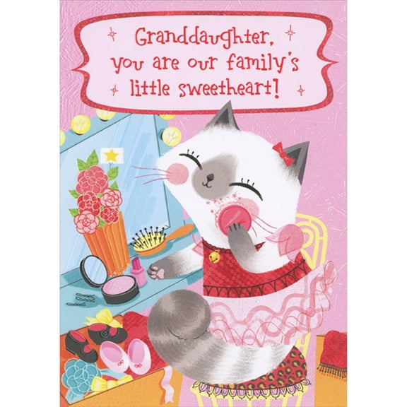 Designer Greetings Our Family's Little Sweetheart: White Cat Applying Makeup to Face Juvenile Valentine's Day Card for Granddaughter with Sticker Sheet