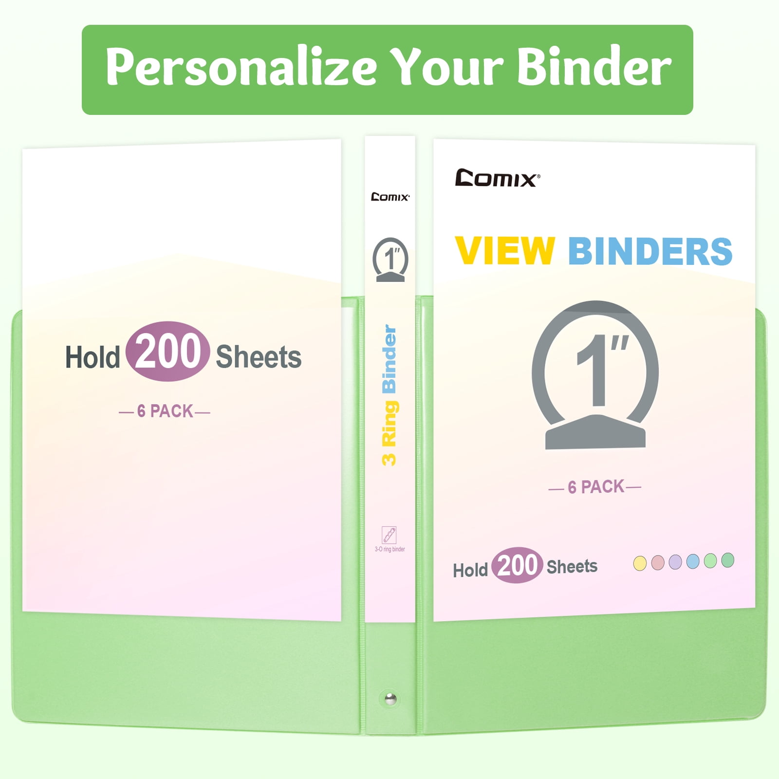 Comix 1 inch 3-ring Binder, Round Ring, 200 Sheets Capacity Light Green