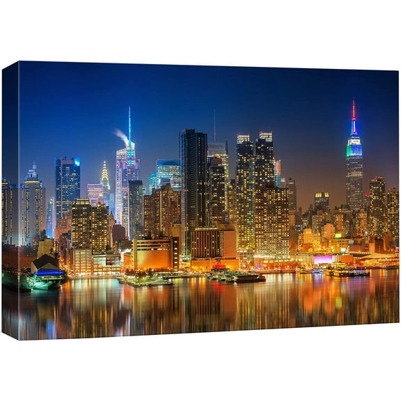 wall26 Canvas Print Wall Art Panoramic Neon Manhattan NYC Architecture Cityscape Photography Realism Rustic Scenic Landscape Modern Relax/Calm Colorful for Living Room, Bedroom, Office - 16"x24&