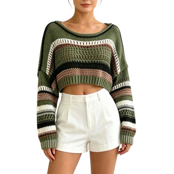 Women's Striped Crochet Shrug Boat Neck Crop Sweater Colorblock Drop Shoulder Pullovers Long Bell Sleeve Knit Tops