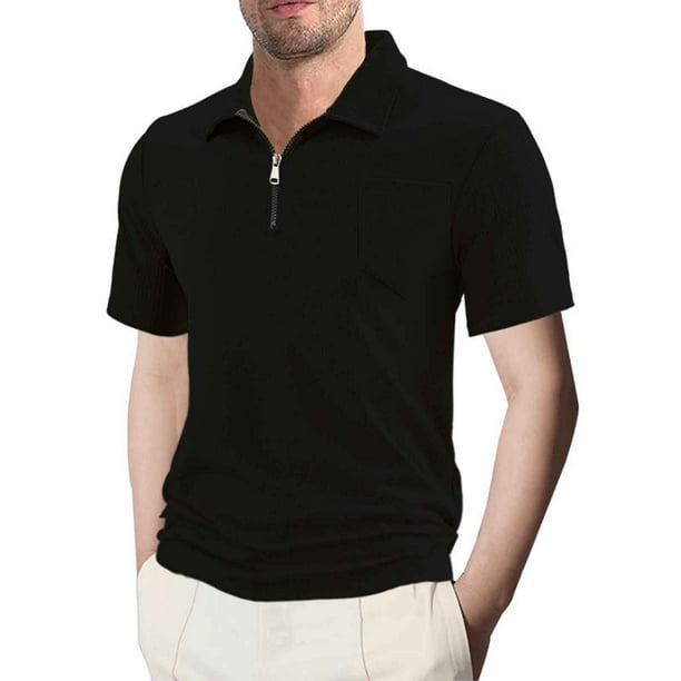 pstuiky Camisas de manga corta para hombre, Blusa de manga corta con cuello vuelto y bolsillos con cremallera de color liso a la moda para hombre camisas casuales para hombre m