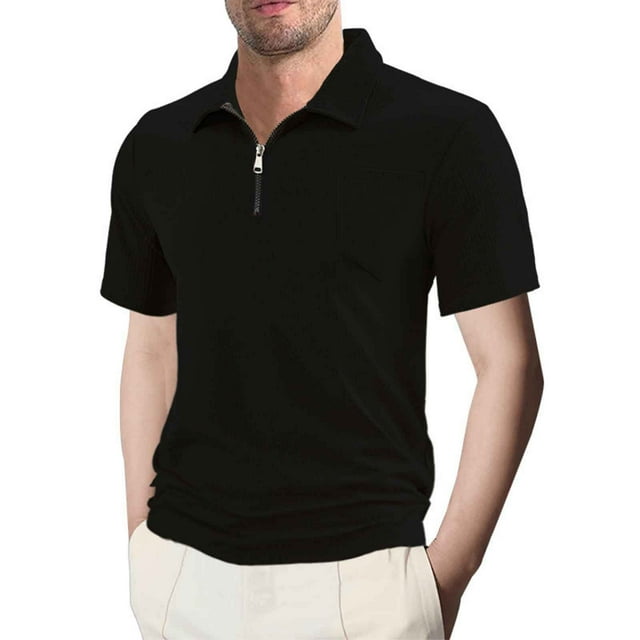 pstuiky Camisas casuales de manga corta para hombre, Blusa de manga corta con cuello vuelto y bolsillos con cremallera de color liso a la moda para hombre ropa de hombre xl