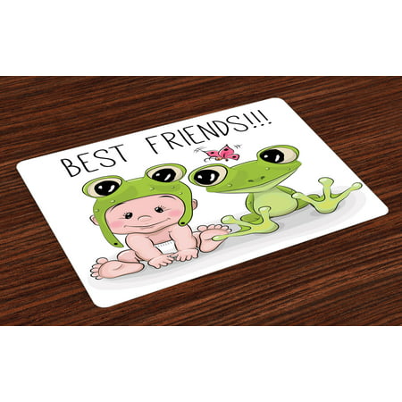 Animal Placemats Set of 4 Cute Cartoon Baby in Froggy Hat and Frog Best Friends Love Theme Graphic, Washable Fabric Place Mats for Dining Room Kitchen Table Decor,Cream White Green, by (Best Places To Register For Baby)