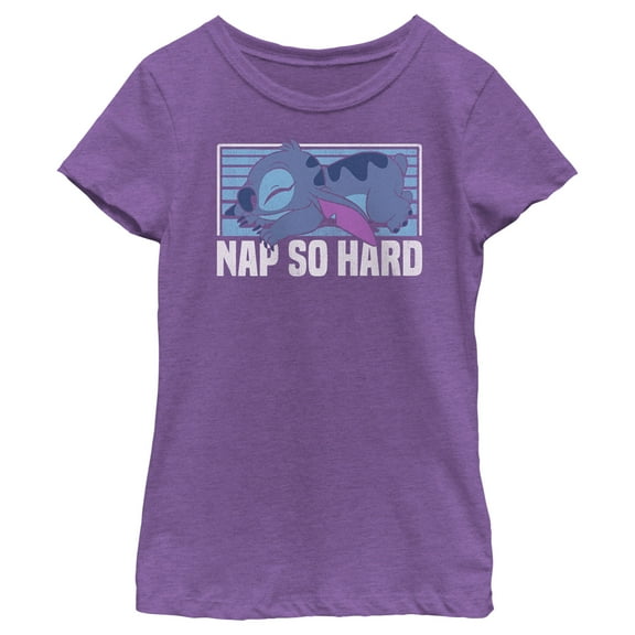 Girl's Lilo & Stitch Nap So Hard Distressed Stitch  Graphic Tee Purple Berry Large
