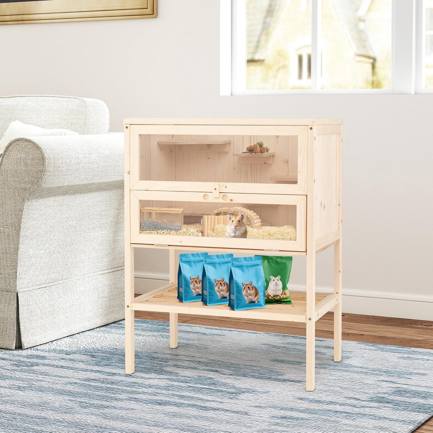 Hejuchuangli 31.5 Inches Freestanding Wooden Hamster Cage, Chew-Proof 2-Layer Hamster House with Full Transparent Viewing, Flip-Top Roof, and Storage Shelf, Ideal for Dwarf Hamster and Gerbils