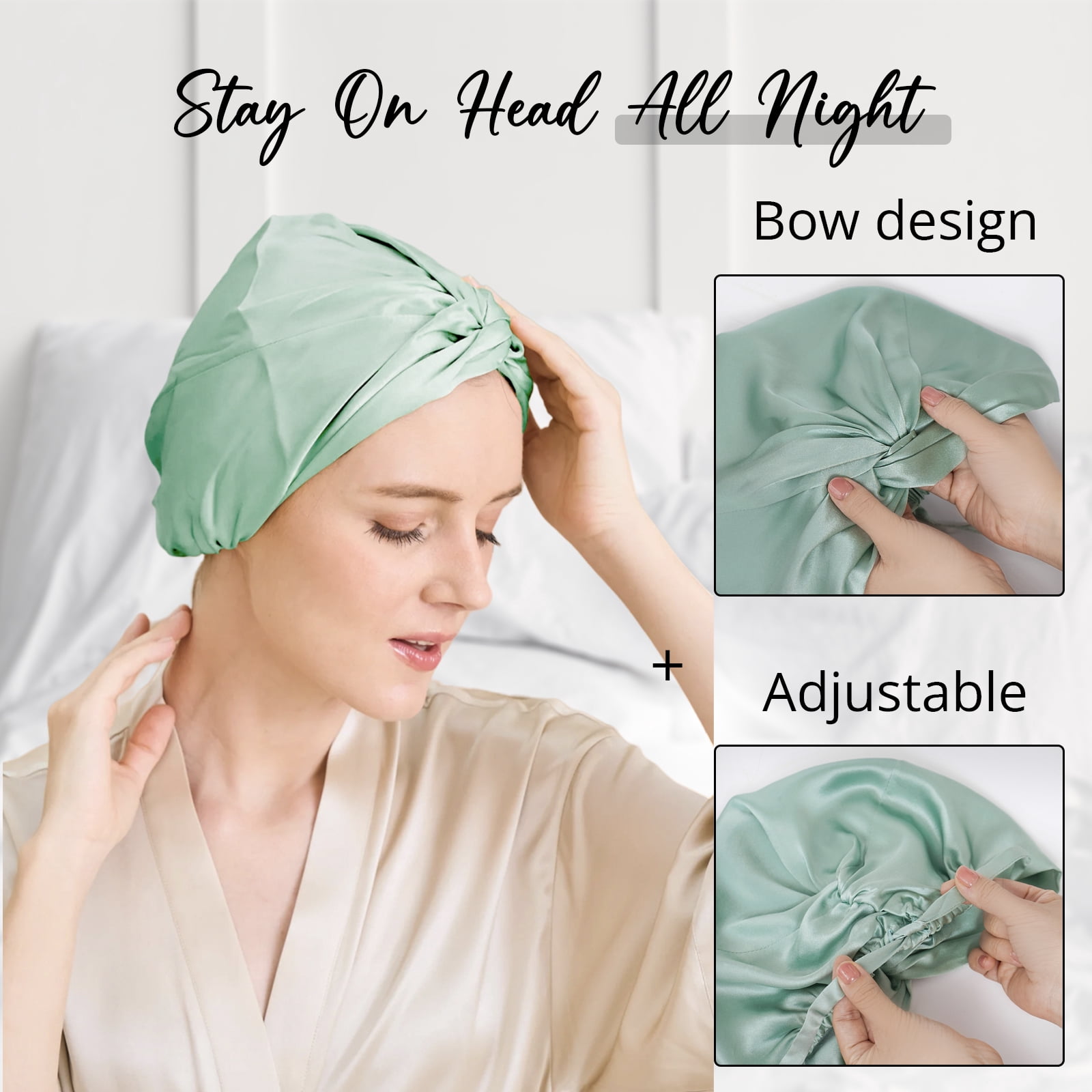 WIGI 100% Mulberry Silk Bonnet with Scrunchie Gift for Women, Silk Bonnet for Sleeping, Shower Cap Hair Bonnet, Silk Hair Wrap for Hair Care (100% Mulberry Silk (Bow design), Mint Green)