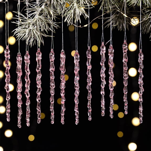 12pcs Transparent Acrylic Icicle Pendants - Crushed Ice Style Christmas Decorations for Tree, Mantle and Festive Home Display, Lightweight Hanging Ornaments, 5.24in/13.3cm, Pink