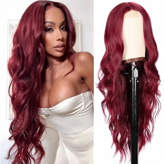 Glueless 99J Burgundy Long Wavy Synthetic Wig for Women - 26 Inch Breathable Red Wig, Comfortable & Easy to Install for Daily Wear
