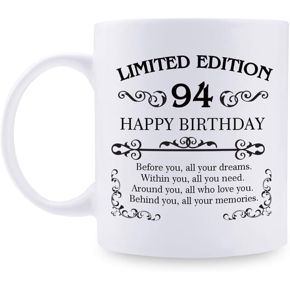 94th Birthday Gifts for Women Men - 11 oz Coffee Mug - 94 Year Old Present Ideas for Mom, Dad, Wife, Husband, Son, Daughter, Friend, Colleague, Coworker (94th Birthday Gift)