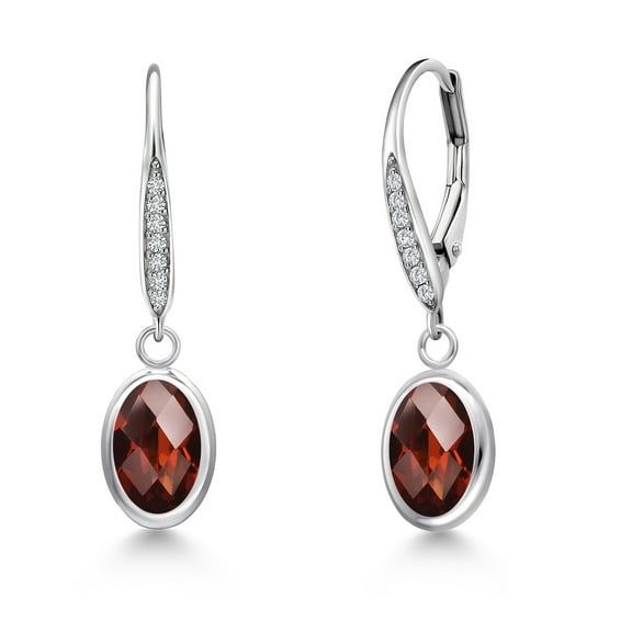 Gem Stone King 925 Sterling Silver Red Garnet and Lab Grown Diamond Earrings for Women | 3.17 Cttw | Gemstone January Birthstone | Oval Checkerboard 8X6MM