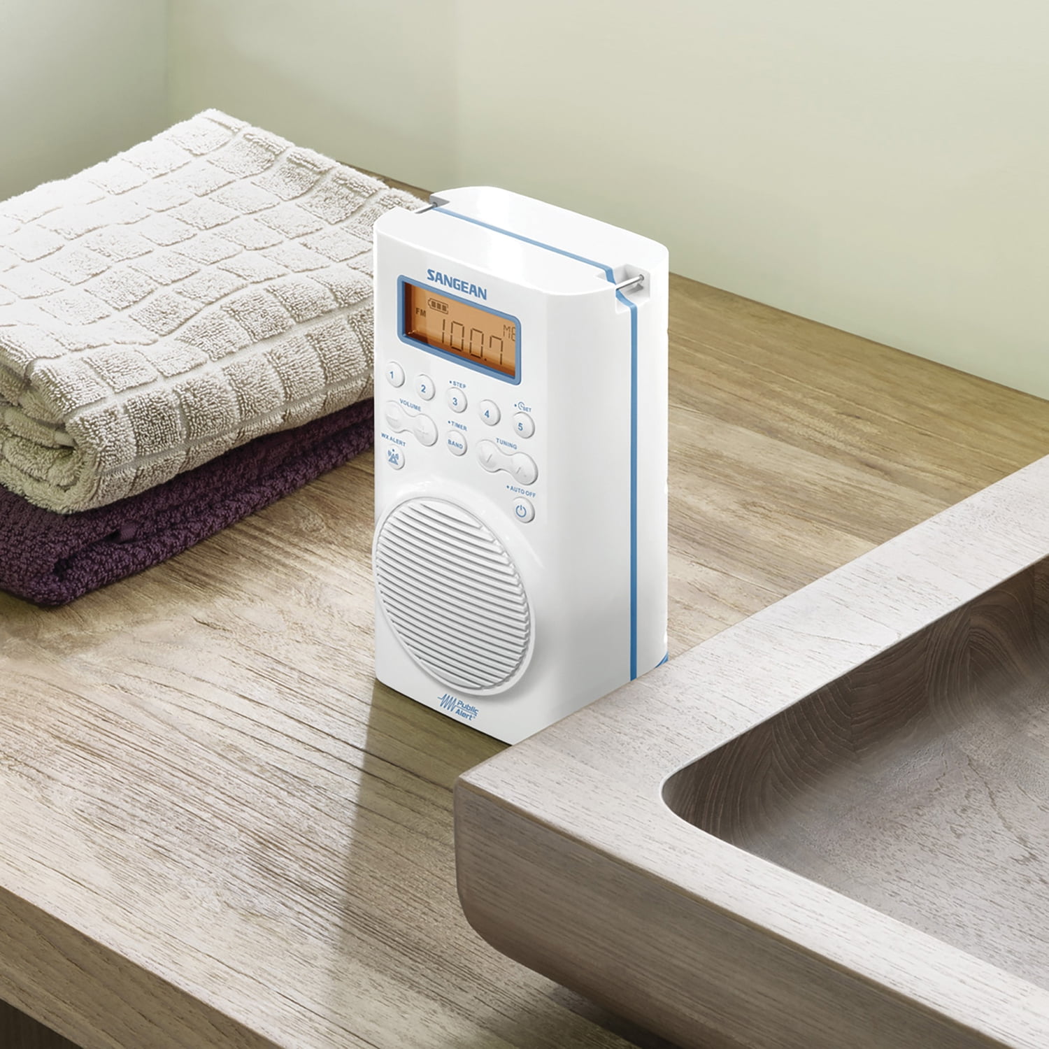 Sangean H205 Portable 3-Band AM/FM/Weather-Alert Waterproof Shower Clock Radio, H-205PT