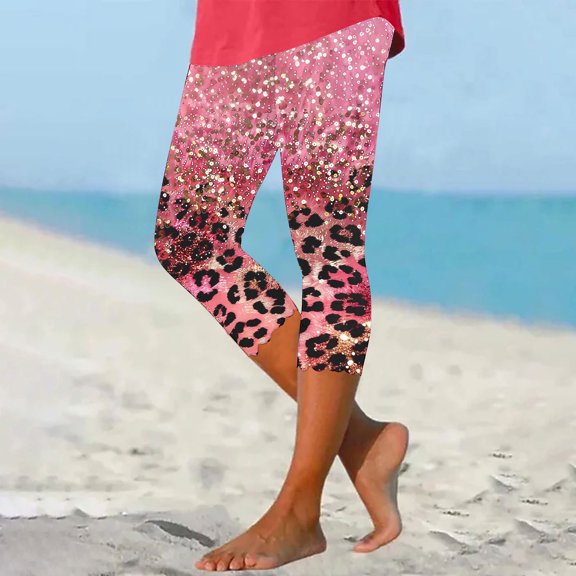 Price Drop! Luxalzxs Plus Size Pants for Women Glitter Sequin Leopard Printed Beach Pants Summer Trendy High Waist Tummy Control Lettuce Trim Yoga Capris