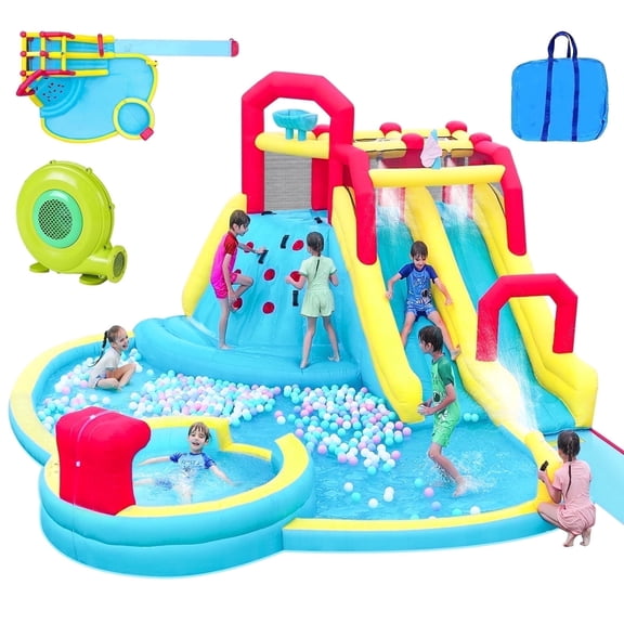 Neche Giant Inflatable Water Slide Bounce House, 220.4"×102.3"×193.3", 750W Blower, Supports 6 Kids Ages 3-8, Max 500lbs, Indoor & Outdoor Use