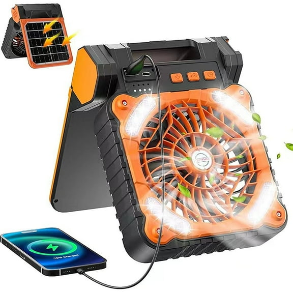 10400mAh Solar Camping Fan with Light,Camping Fan with Solar Panel,3 Timer Settings & 4 Speeds USB Rechargeable Solar Powered Fan for Camping Fishing Travel Hurricane Power Outage（Orange）