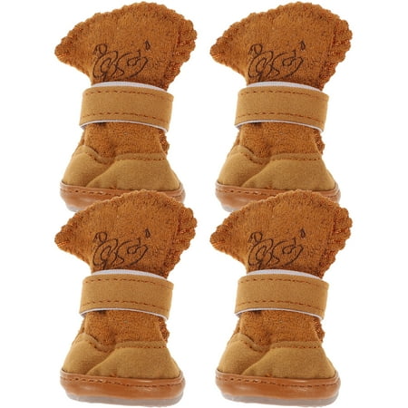 4pcs Winter Pet Dog Puppy Casual Anti-Slip Fleece Snow Boots Warm Dog Shoes Size L (Coffee)