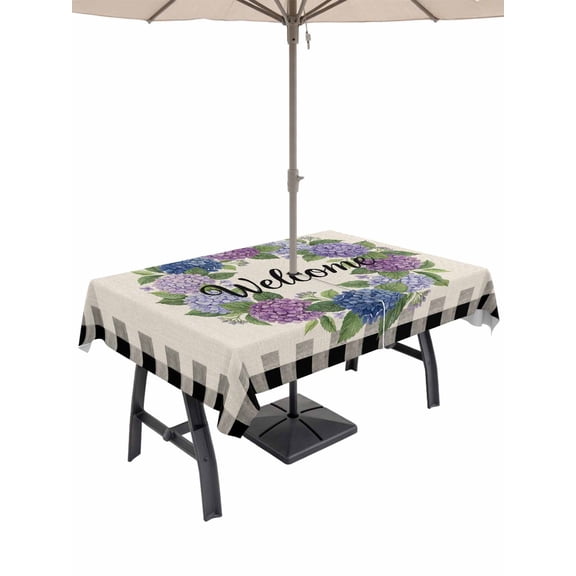 Outdoor Tablecloth with Umbrella Hole for Patio/Picnic/Party/Camping, Watercolor Hydrangea Waterproof Table Cloth Rectangle Table Cover Washable, Country Flowers Wreath Plants Plaid Beige (60"x 120")