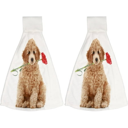 

Hanging Towels 2 Pcs Dish Towels Puppy with Red Carnation on White Absorbent Hand Towels with Hanging Loop Washcloth for Bathroom Kitchen