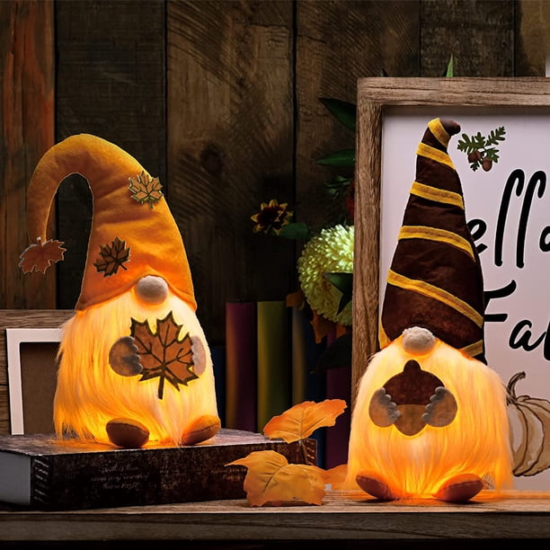 Paquete de 2 gnomos de otoño de felpa con luces LED, decoración de bandeja escalonada, gnomo de acción de gracias de cosecha, decoración de fiesta de día festivo, decoración de mesa de otoño Vhermosa WMZL-2177