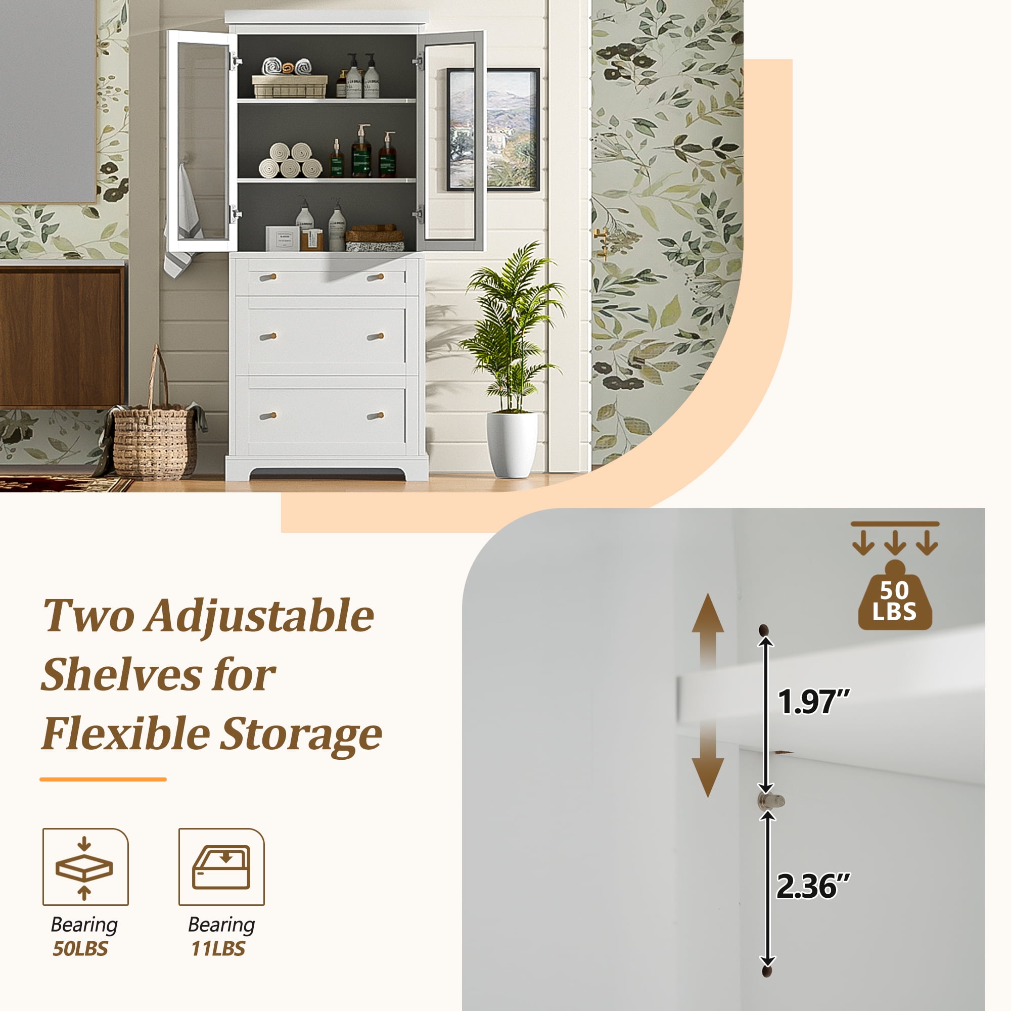 Euroco 70.1" Modern High Freestanding Tall Bathroom Cabinet with 2 Adjustable Shelves, 3 Drawers, Soft Close Glass Doors – Ideal for Bathroom, Living Room, Kitchen Storage