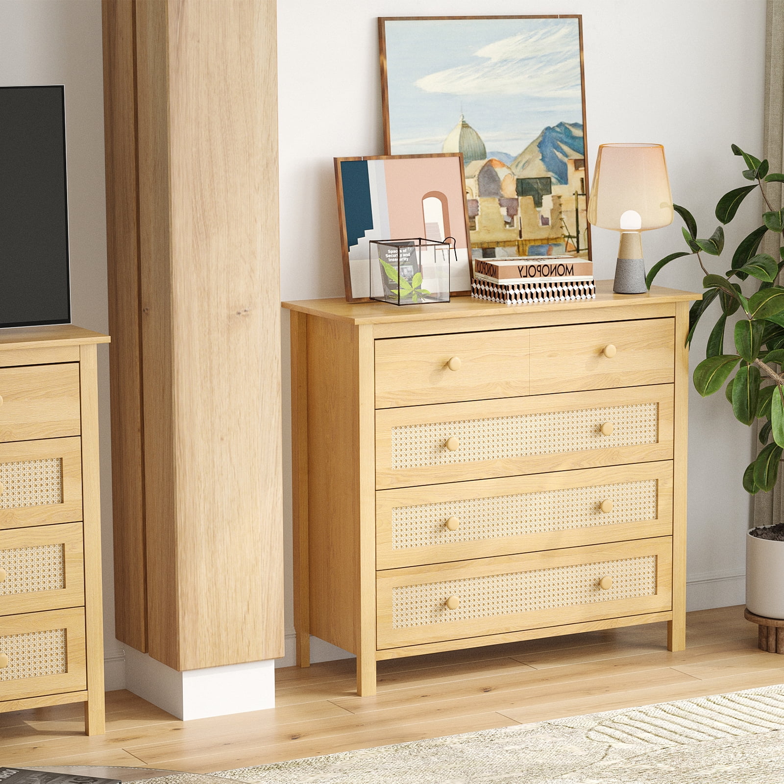 Aukfa 4 Drawer Dresser with Rattan Doors, Modern Boho Storage Cabinet Wooden Chest of Drawers for Bedroom, Living Room, Natural