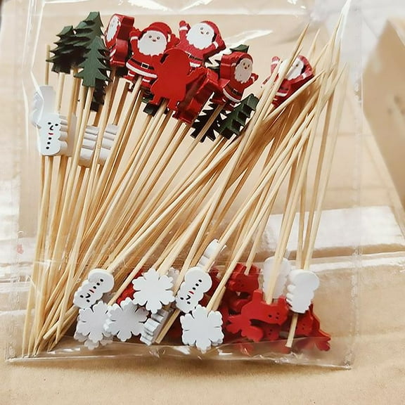50Pcs Bamboo Appetizer Forks Christmas Theme Food Picks Party Picks Bamboo Charcuterie Forks Mini Fruits Forks For Parties