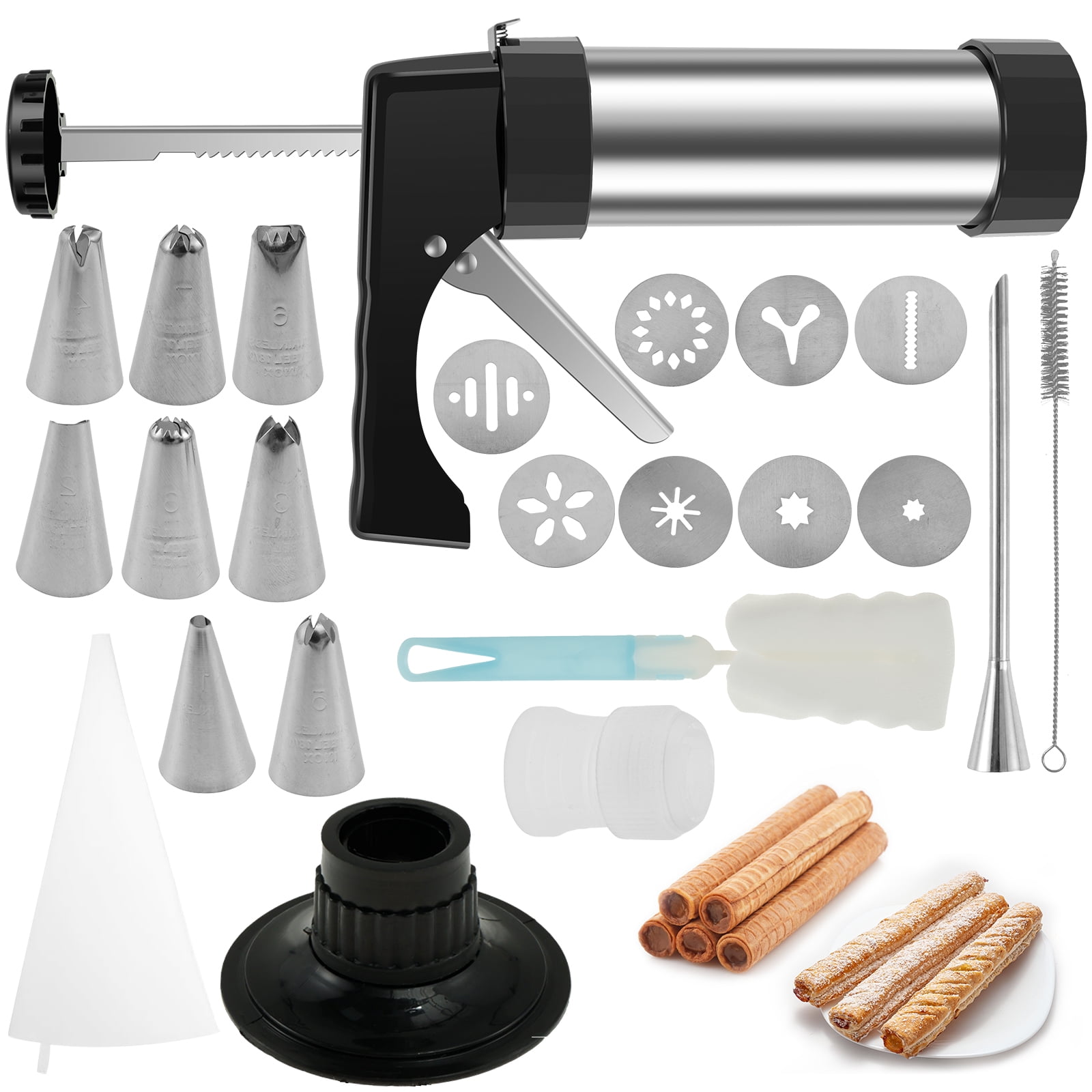 Churro Maker Machine Churrera and Piping Bag Churros Filler,Stainless Steel Churros Gu-n Kit with 8 Decorating Tips,8 Cookie Discs,Cookie Maker Machine