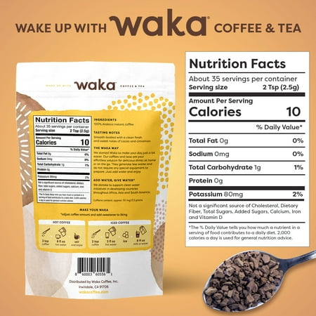 Waka Premium Instant Coffee Medium-Strong Roast, 35 Servings in a Resealable Bag, 100% Arabica Beans, Freeze Dried Granules, For Hot or Iced Coffee