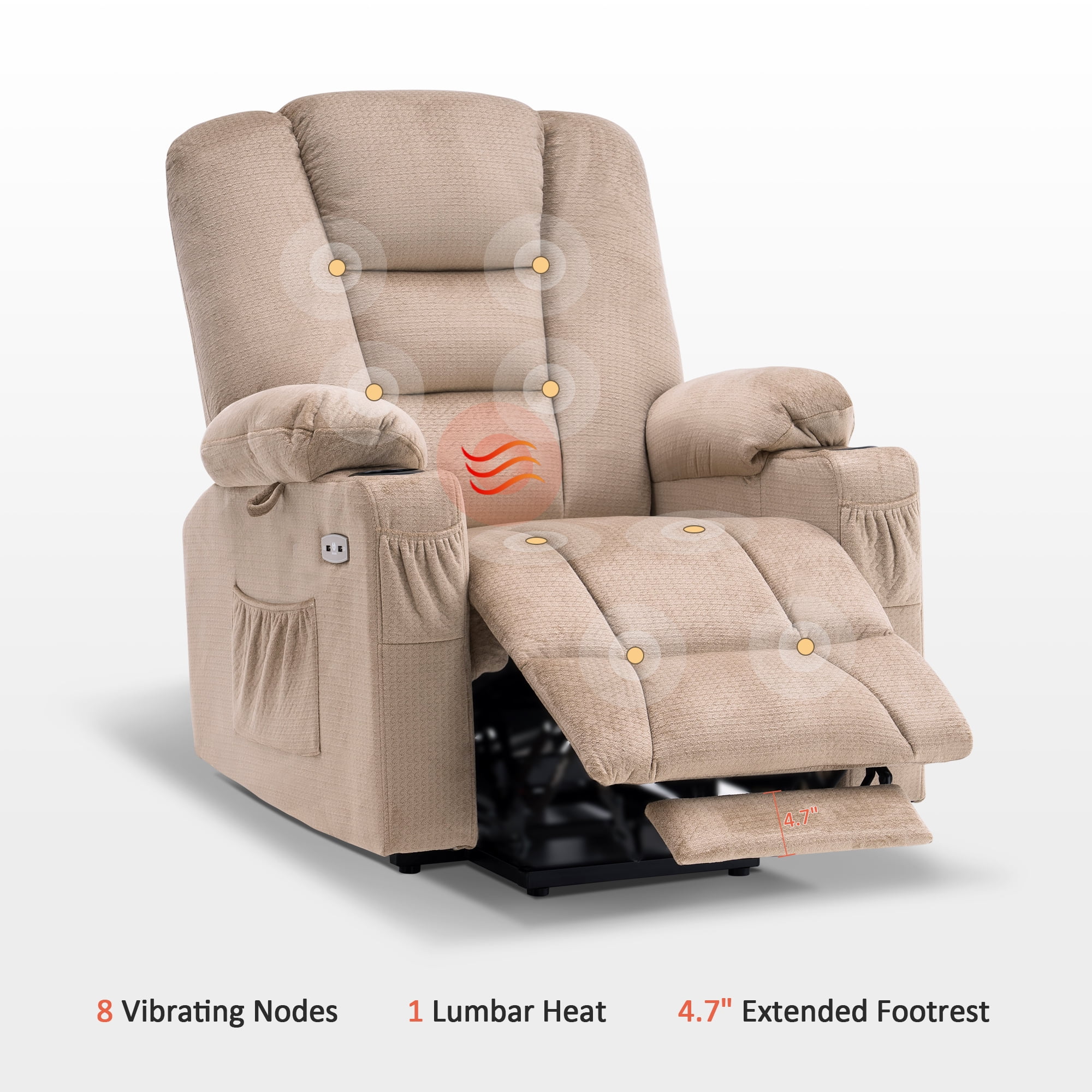 Mcombo Power Lift Recliner Chair Sofa with Massage and Heat for Elderly People, 3 Positions, Control Buttons, USB Charge Port, Fabric 7091