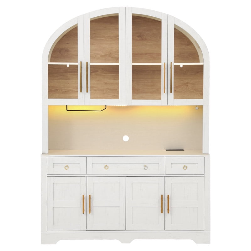 Arched Farmhouse Kitchen Pantry Storage Buffet with LED Light & Charging Station, Bar Cabinet Hutch with Drawers & Glass Holder