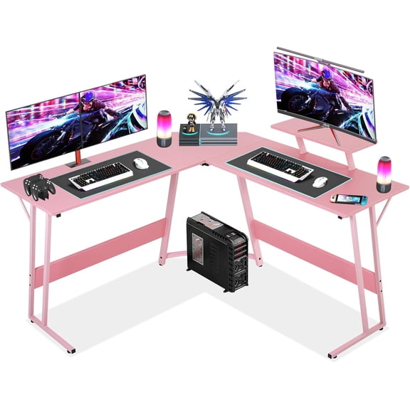 Pink L Shaped Gaming Desk 50" Corner Computer Desk with Large Monitor Stand, Home Office Sturdy Writing Workstation, Easy Assembly