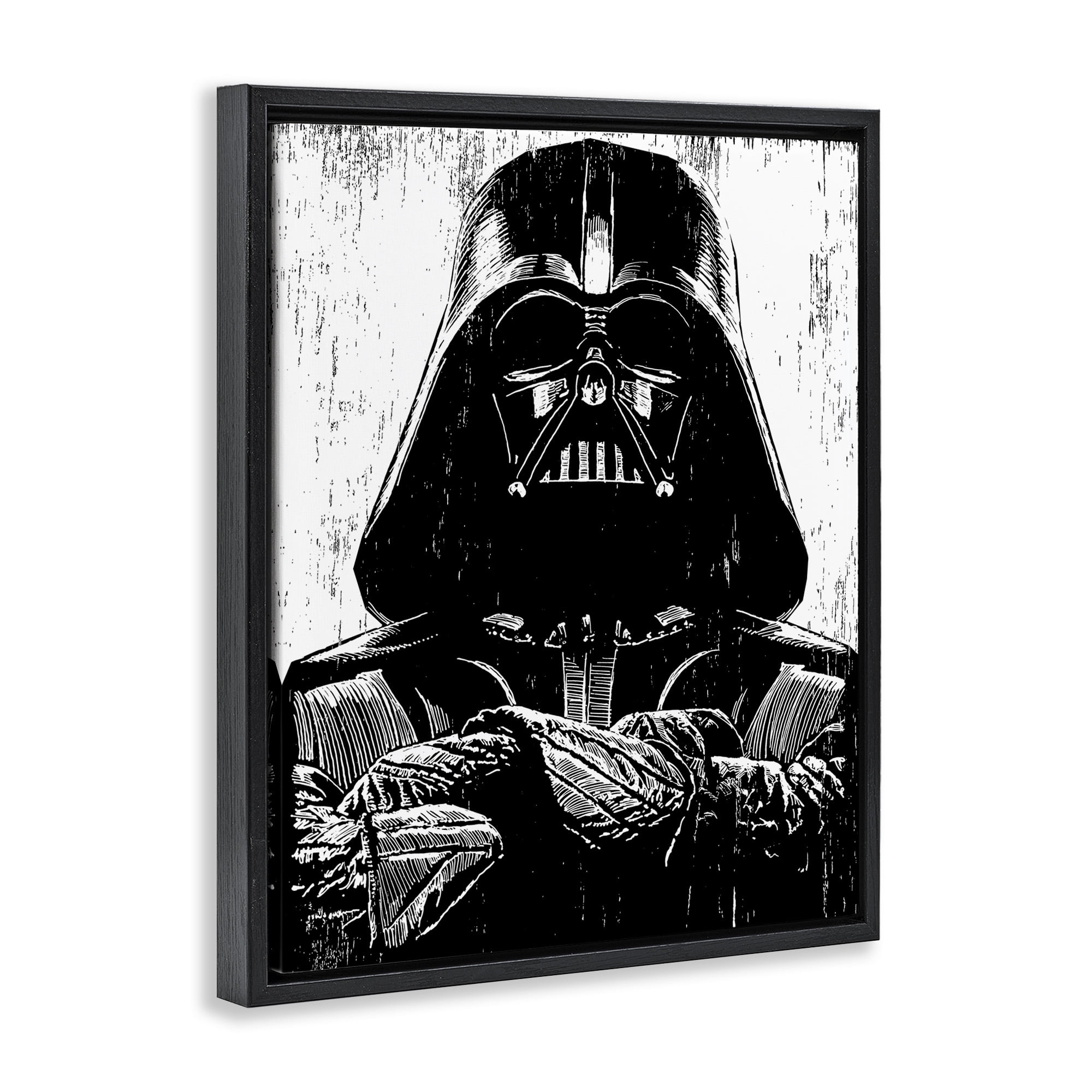 Stupell Industries Black and White Star Wars Darth Vader Distressed Wood Etching Jet Black Framed Floating Canvas Wall Art, 16x20, by Neil Shigley