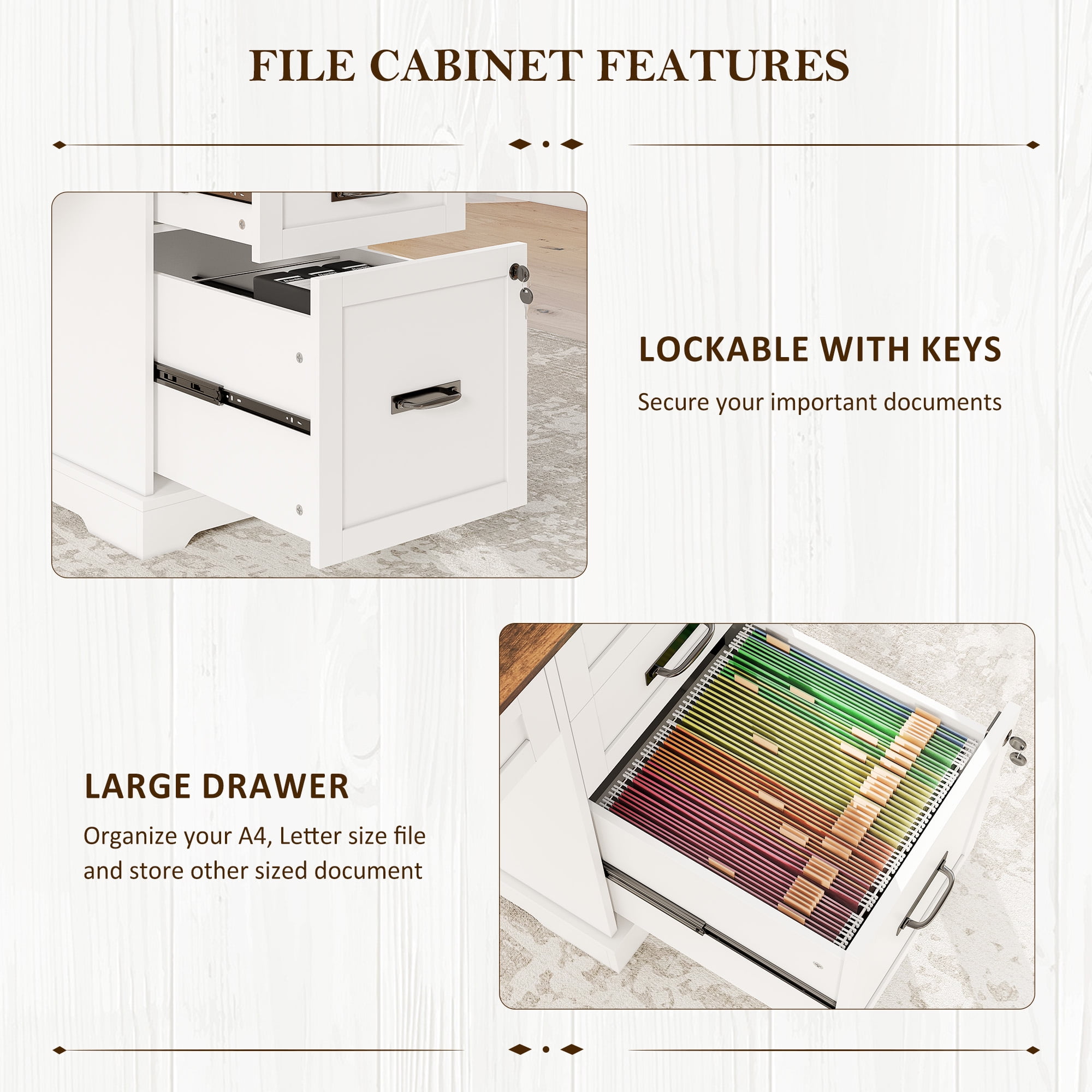 Executive Desk with File Drawers, 55'' Farmhouse Desk Modern for Adult Home Office, White