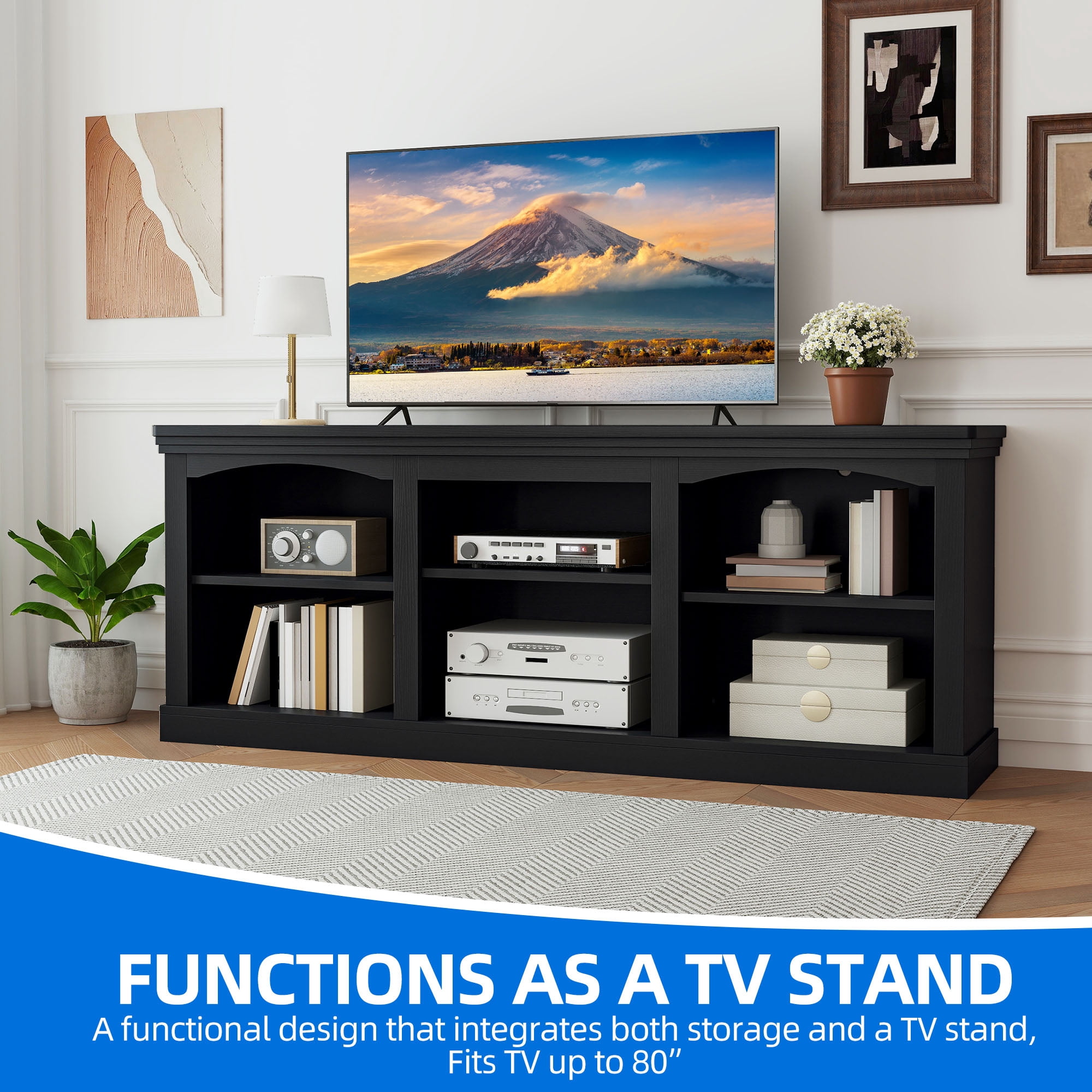 Dextrus TV Stand for 80 Inches TV, Farmhouse Entertainment Center with Adjustable Shelf & Storage Cabinets, Black