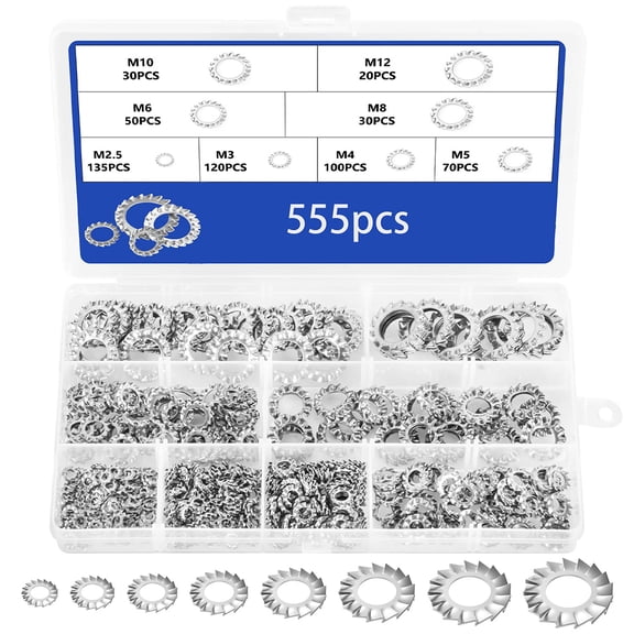 555Pcs 304 Stainless Steel External Tooth Star Lock Washers Assortment Kit M2.5-M12 Grounding Washers