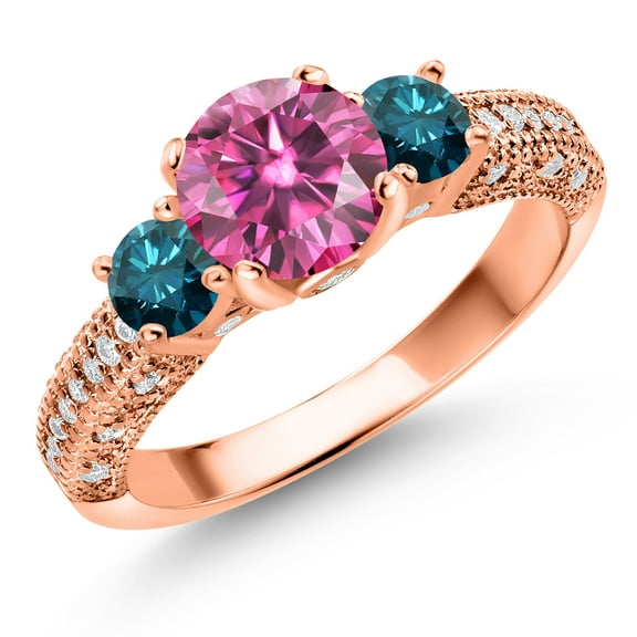 Gem Stone King 18K Rose Gold Plated Silver Pink Moissanite Blue Diamond and White Moissanite Engagement Ring for Women (1.82 Cttw, Gemstone, Round 7MM and 4MM, Size 7)