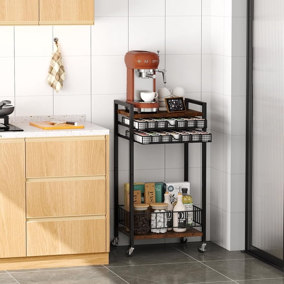 Rustic Brown Coffee Bar Cart – Rolling Coffee Station with 84-Pod Storage Drawer, Limited Offer, Stylish & Convenient Coffee Organizer for Kitchen or Office