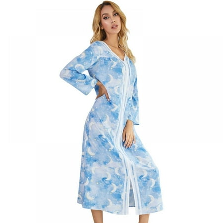 

Women S Long Loungewear Zipper Front Nightgown Full Length Pajamas Loungewear