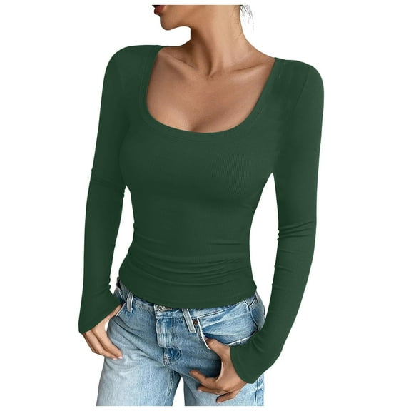 GEWSEY Womens Summer Short Sleeve Tops Square Neck Ribbed Slim Fitted Shirts Casual Tee Tshirt (Dark Green, XL)