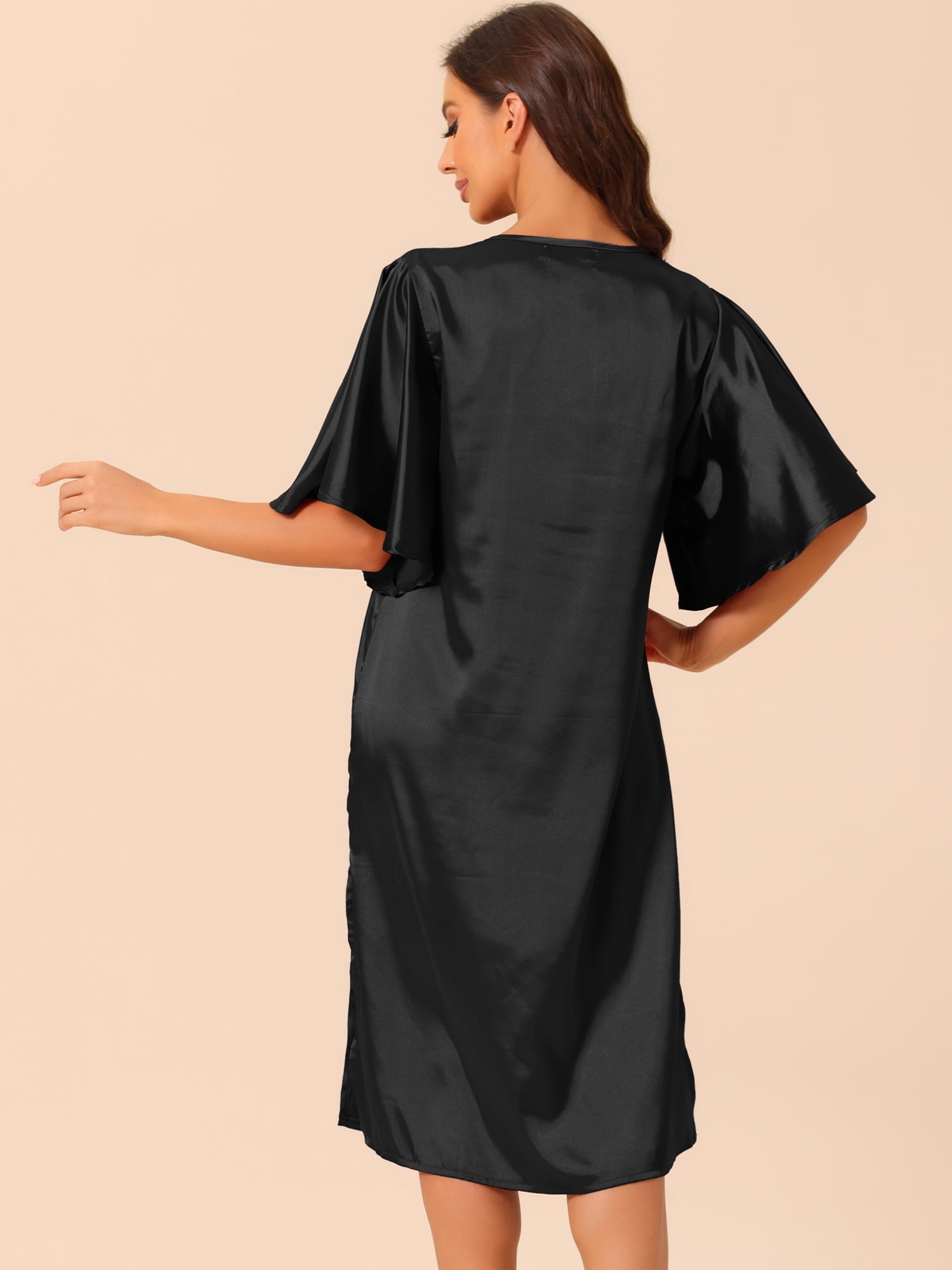 DARING DIVA Women's Satin Flare Bell Short Sleeve Nightgown XS Black