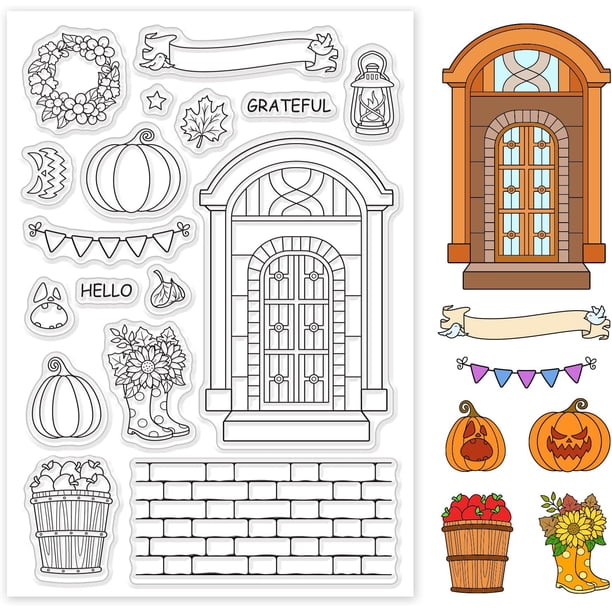Sellos transparentes de otoño, sellos de silicona de calabaza, sellos de goma de flores y farolillos para hacer tarjetas y diarios.