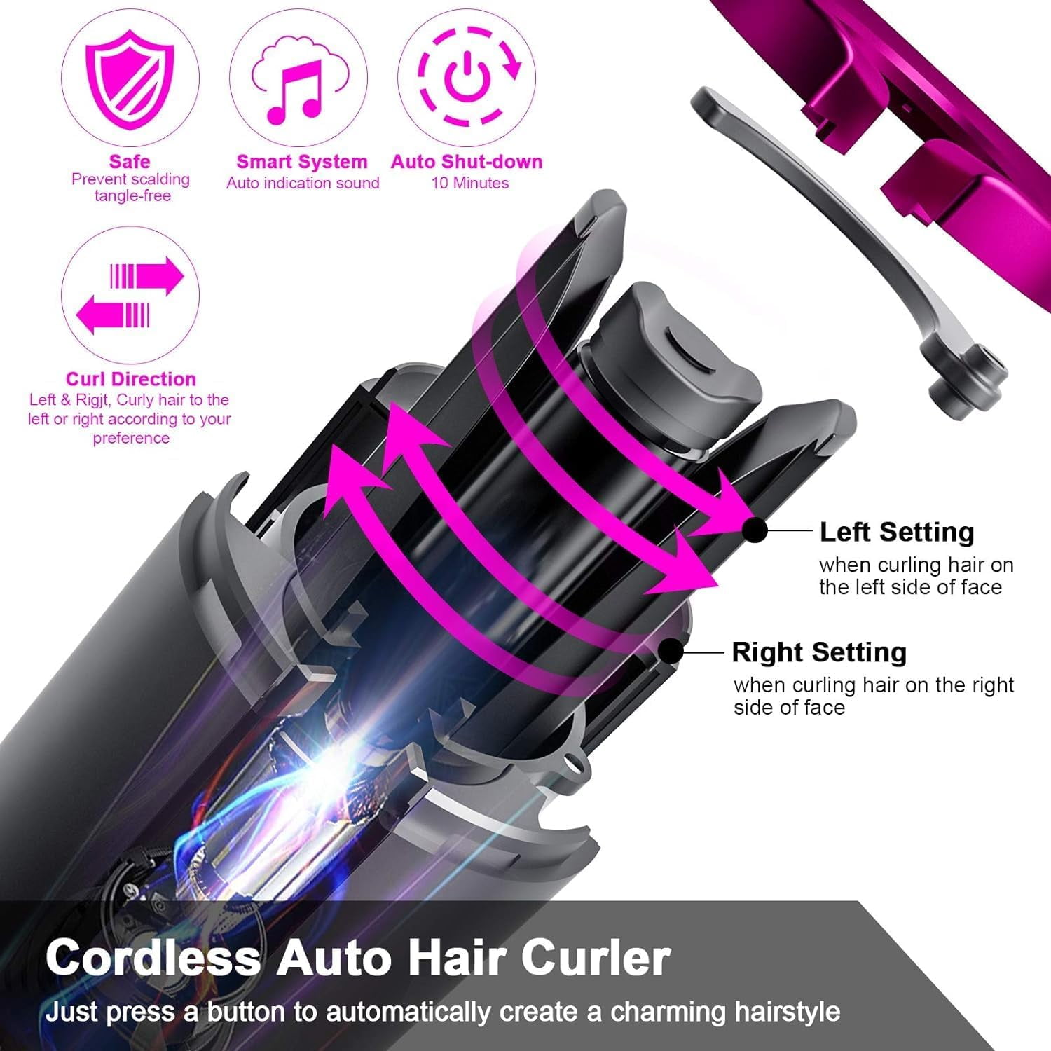 Wireless Auto Hair Curler with Adjustable Temperature and Timer, Automatic Cordless Curling Iron with LCD Display, Portable Rechargeable Rotating Fast Heating Hair Wand for Style