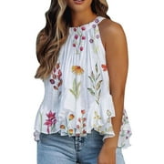 UMfun Women Summer Blouses Halter Neck Tank Tops Floral Sleeveless Shirt Pleated Casual Camisole Chiffon T-Shirt Tops Blouses