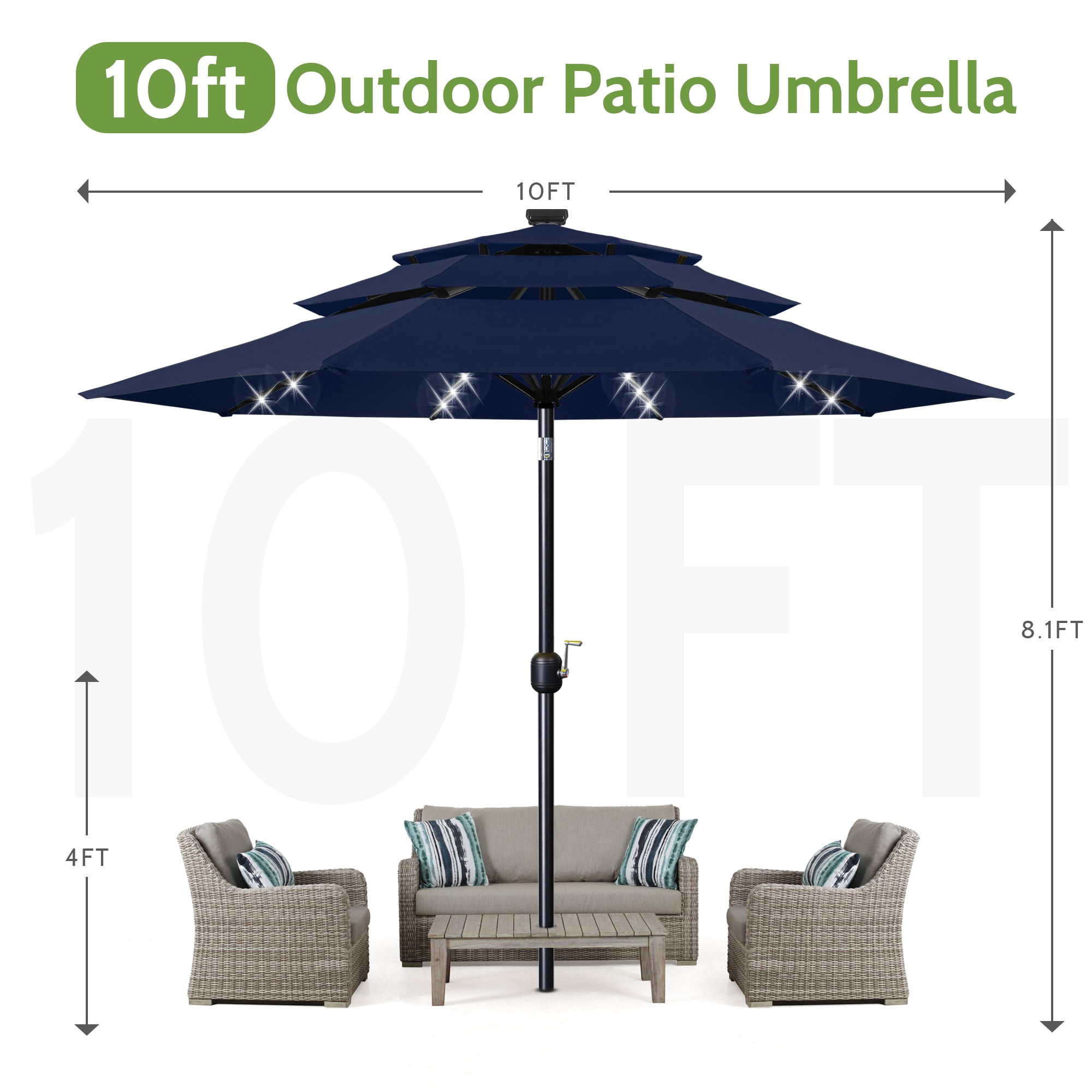 Scafild | 10ft Outdoor Patio Umbrellas with Solar Lights, 3 Tier Vented Large Market Table Umbrella with 8 Sturdy Ribs & 1.5" Pole UV Protection for Garden Deck Backyard Pool - Navy
