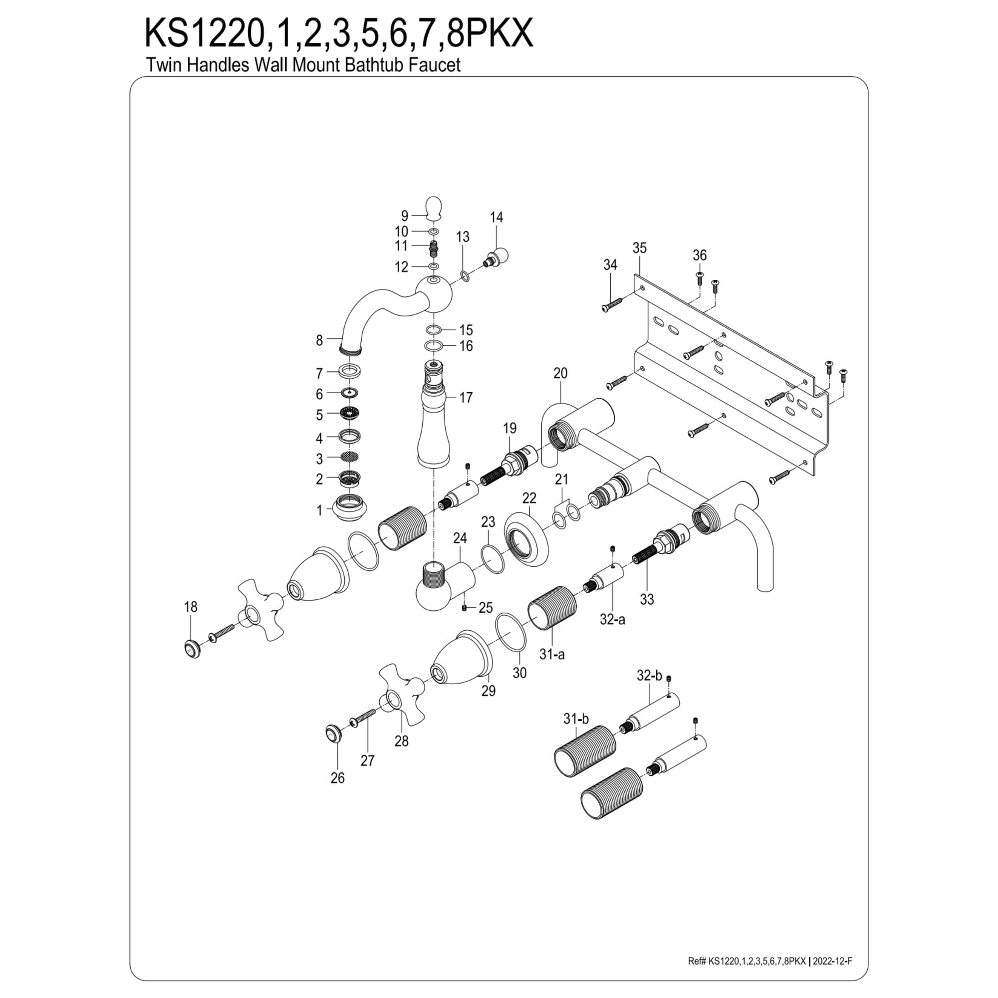 Kingston Brass KS1227PKX Duchess Double-Handle Wall Mount Bathroom Faucet, Brushed Brass